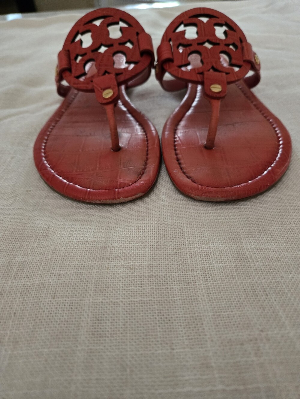 Tory Burch Croc Embossed Red Miller Logo Sandals - Picture 2 of 6